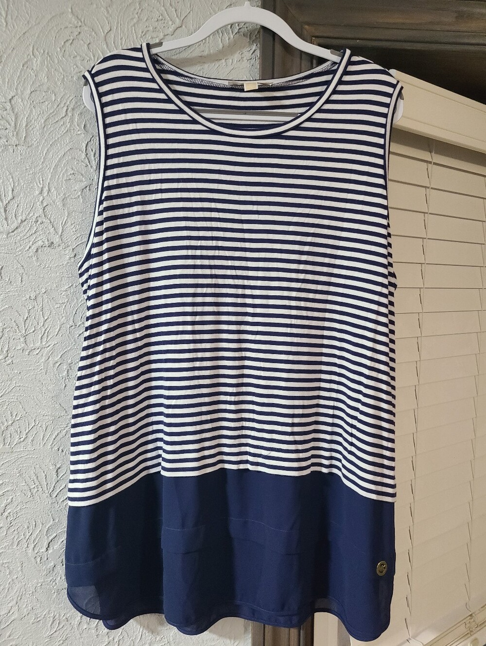 Michael Kors Navy/White Striped Sleeveless Tank Top Stripped Knit / Chiffon Hem